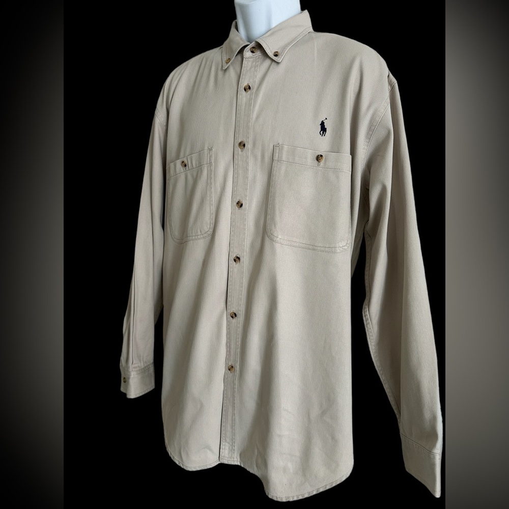POLO RALPH LAUREN WORK SHIRT‎ HEAVYWEIGHT TWILL BEIGE TAN LOGO RARE VINTAGE L
